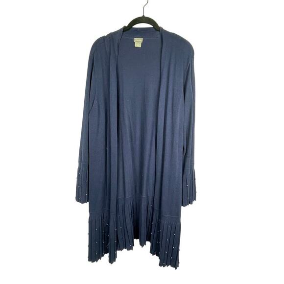 Chico's Open Front Blue Cardigan Duster Long Line Beaded Hem Detail Sz 4 US‎ XXL - Picture 1 of 7